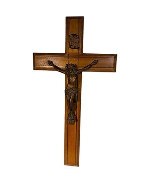 Wooden Wall Crucifix Bronze Jesus Figure 15.5" INRI Plaque Religious Christian